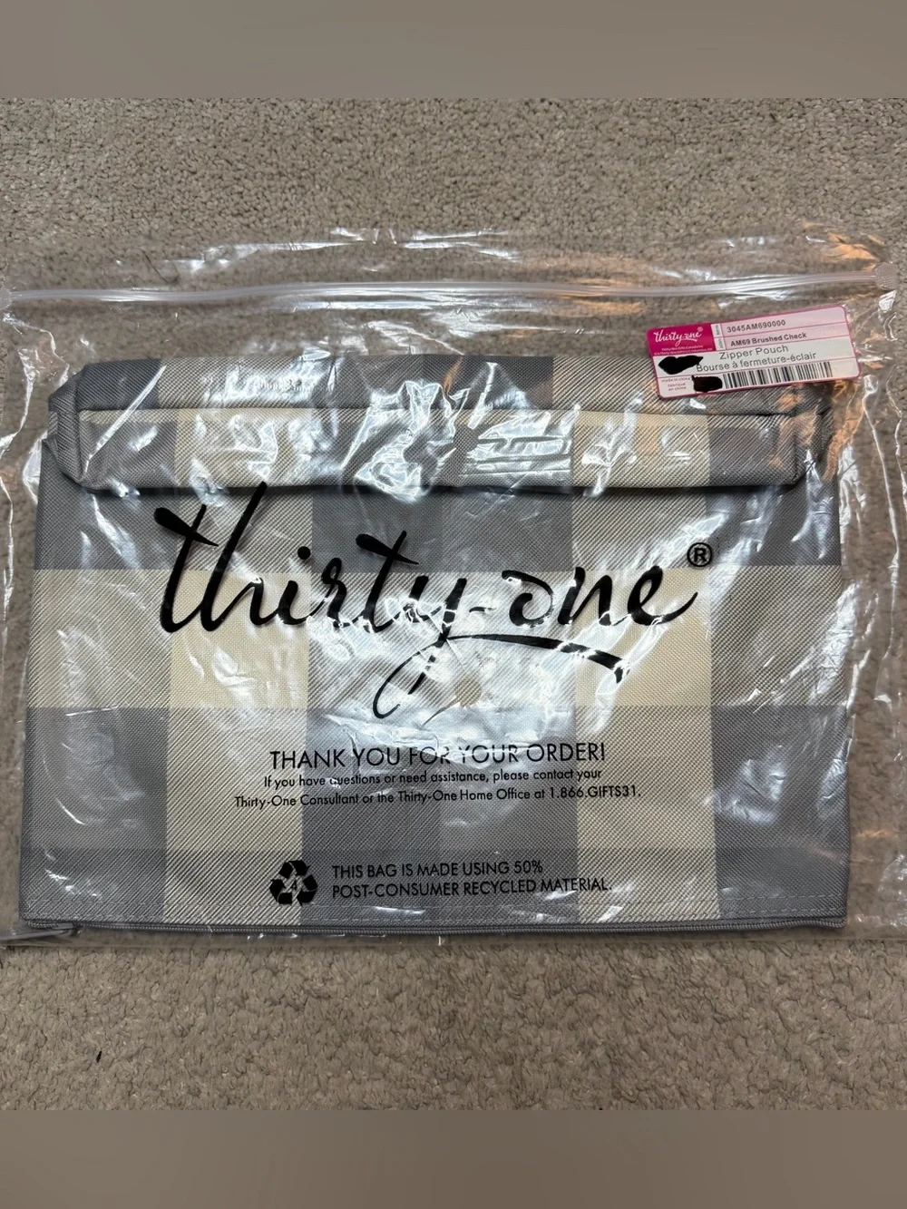Thirty One Brushed Check Gray & White Zip Pouch